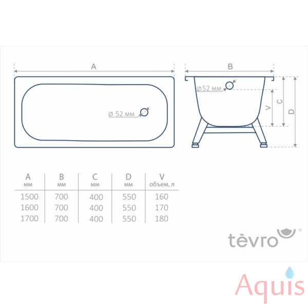 ВИЗ TEVRO 150*70*40 ванна стальная с ножками 3